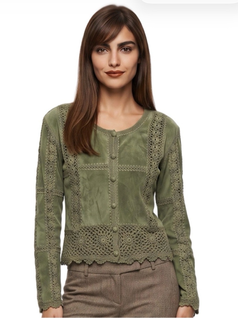 VINTAGE Green Suede Crochet Button front Cardigan Sweater Crew neck Longsleeve - Picture 13 of 13